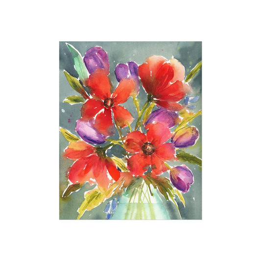 Loose Red Floral Print, Red Floral Watercolor Fine Art Print, Red Flowers with Purple Blooms