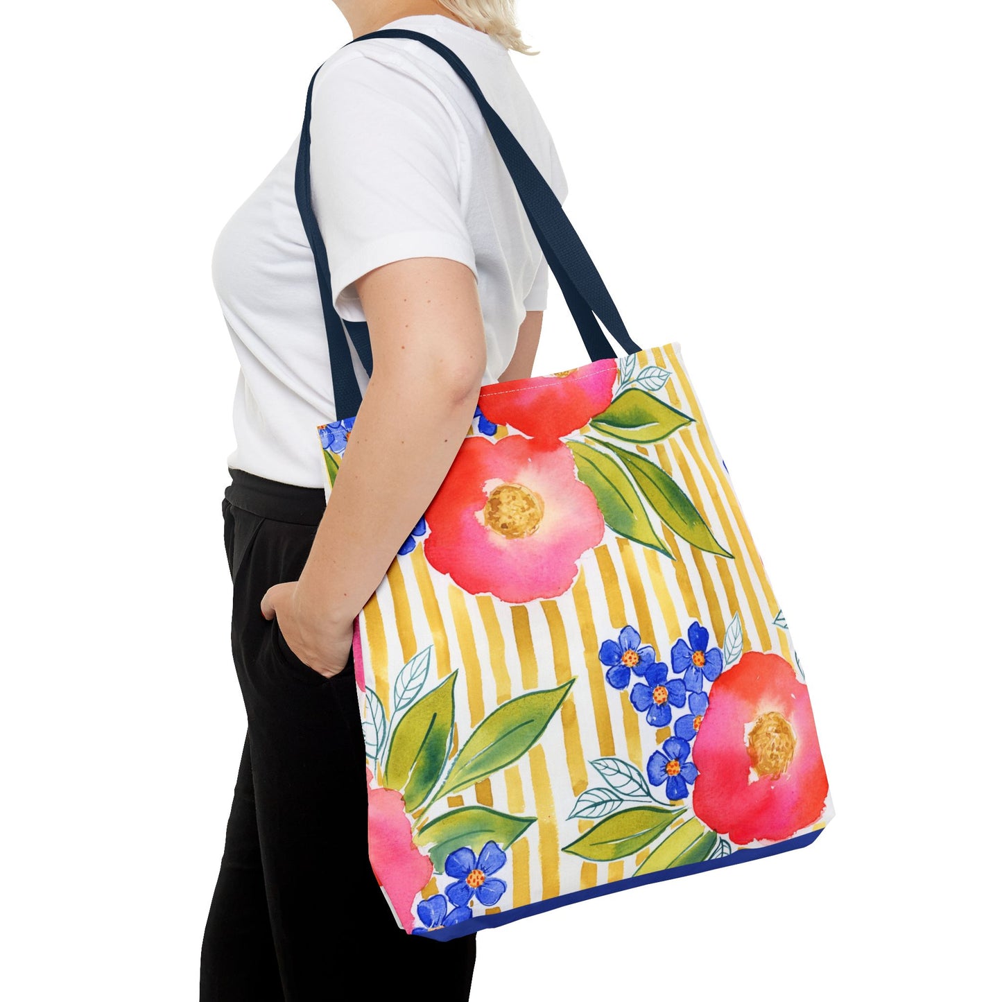 Golden Meadow Floral Striped Tote Bag, Petals & Pinstripe Collection, Golden Yellow Stripe with Pink Flowers Tote Bag