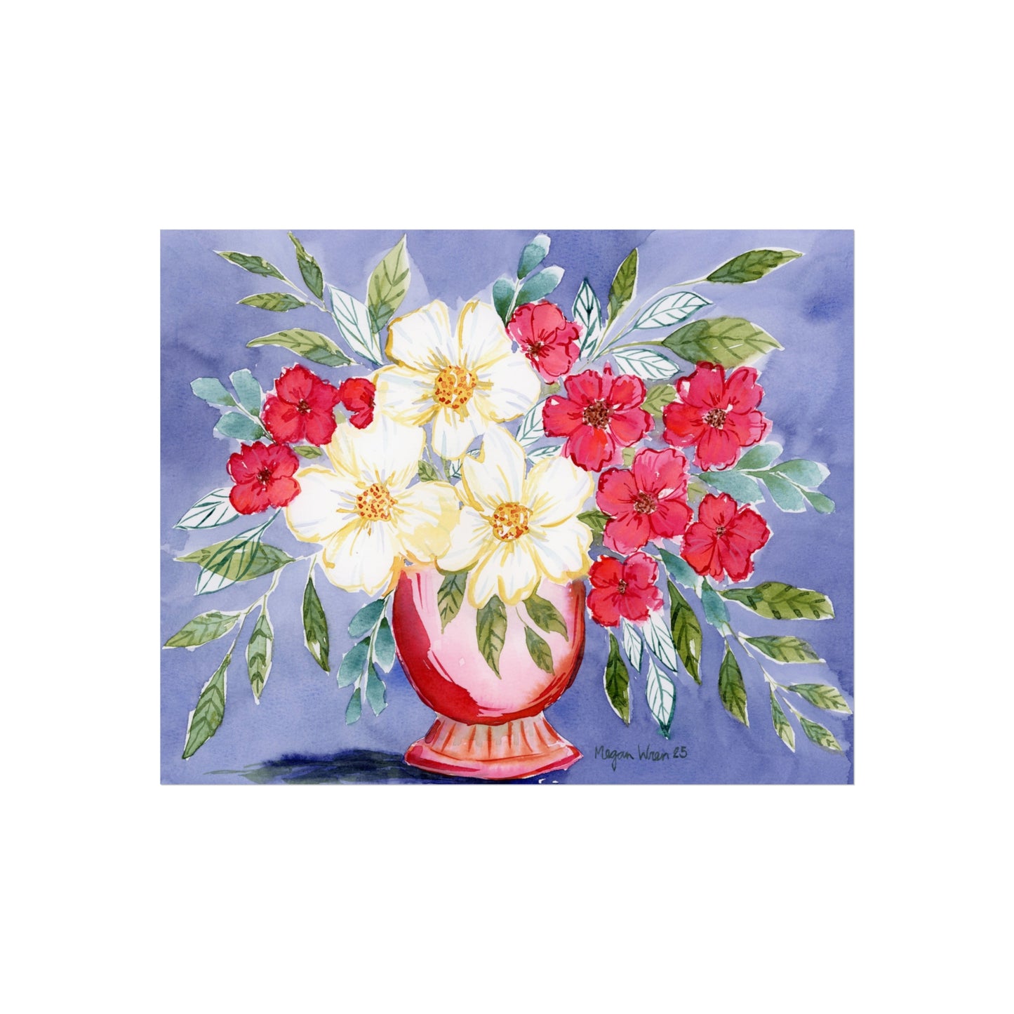 Colorful Bloom Print, White Blooms Watercolor Fine Art Print, Cranberry Color, with Big White Blooms Print