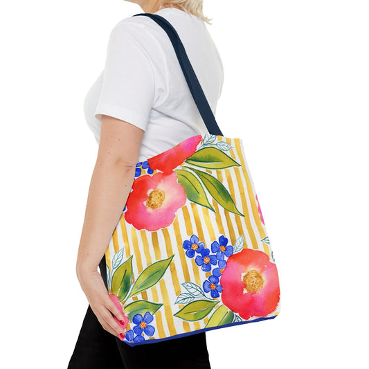 Golden Meadow Floral Striped Tote Bag, Petals & Pinstripe Collection, Golden Yellow Stripe with Pink Flowers Tote Bag