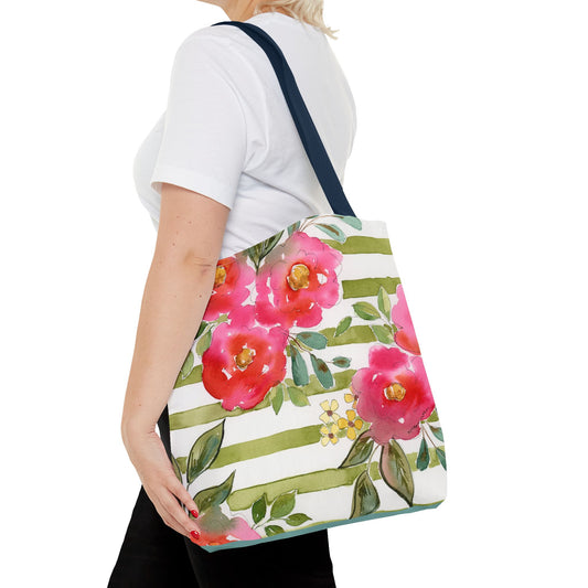 Sweet Pea Floral Striped Tote Bag, Petals & Pinstripe Collection, Pink & Green Floral Bag