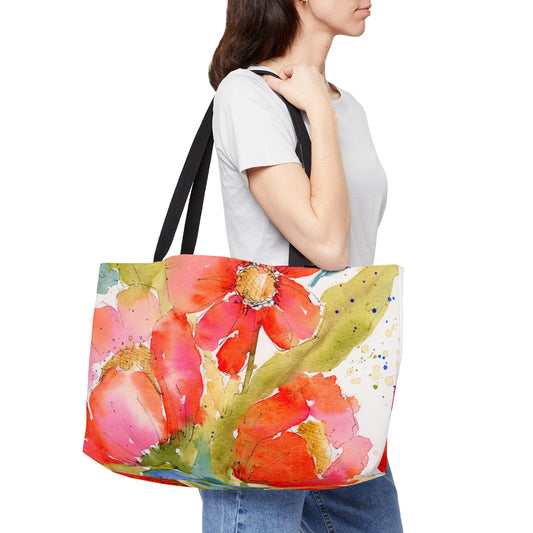 Red Bold Floral Weekender Tote Bag - Large Watercolor Painted Tote, Great Gift for Mom, Teachers, Graduation - Travel Tote, Collage Bag,