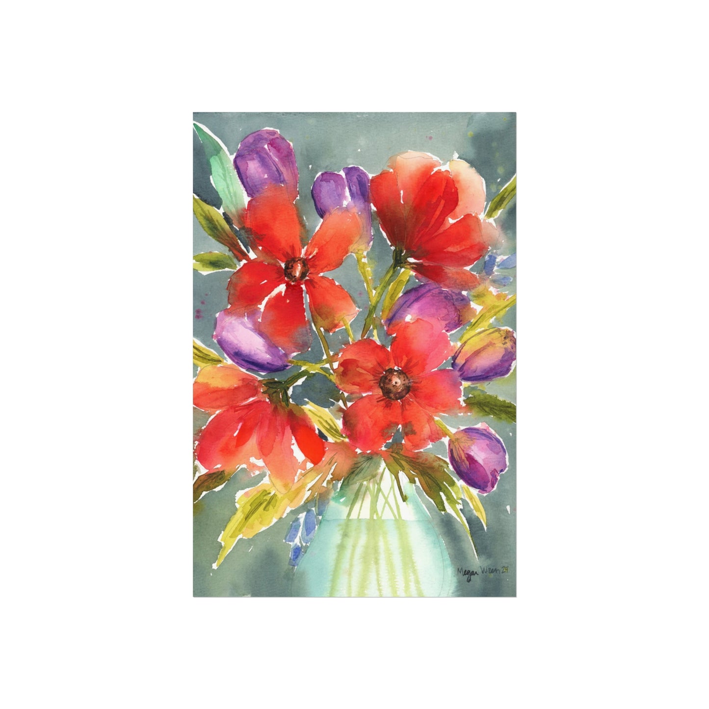 Loose Red Floral Print, Red Floral Watercolor Fine Art Print, Red Flowers with Purple Blooms