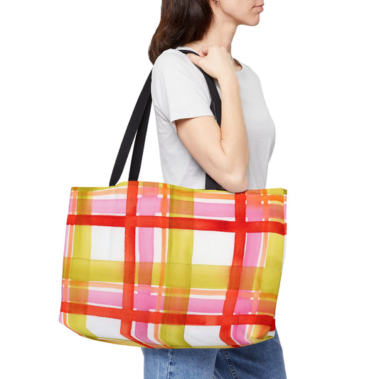 Bright Plaid Weekender Tote Bag - Large Watercolor Painted Tote, Great Gift for Mom, Teachers, Graduation - Travel Tote, Collage Bag,