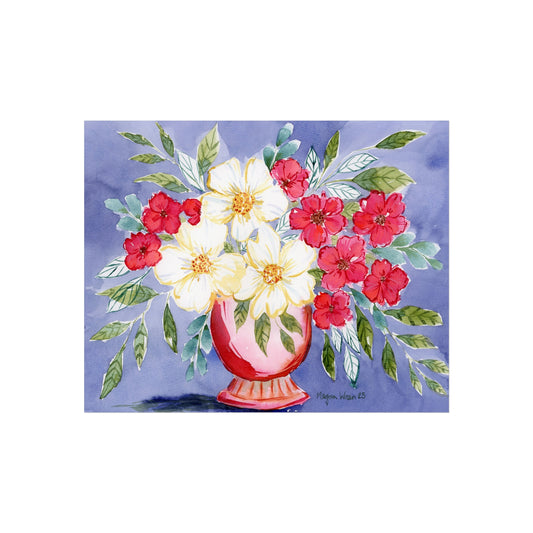 Colorful Bloom Print, White Blooms Watercolor Fine Art Print, Cranberry Color, with Big White Blooms Print