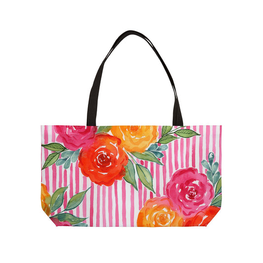 Pink Queen Weekender Tote Bag, Hot Pink Striped Floral Bloom Weekender Tote