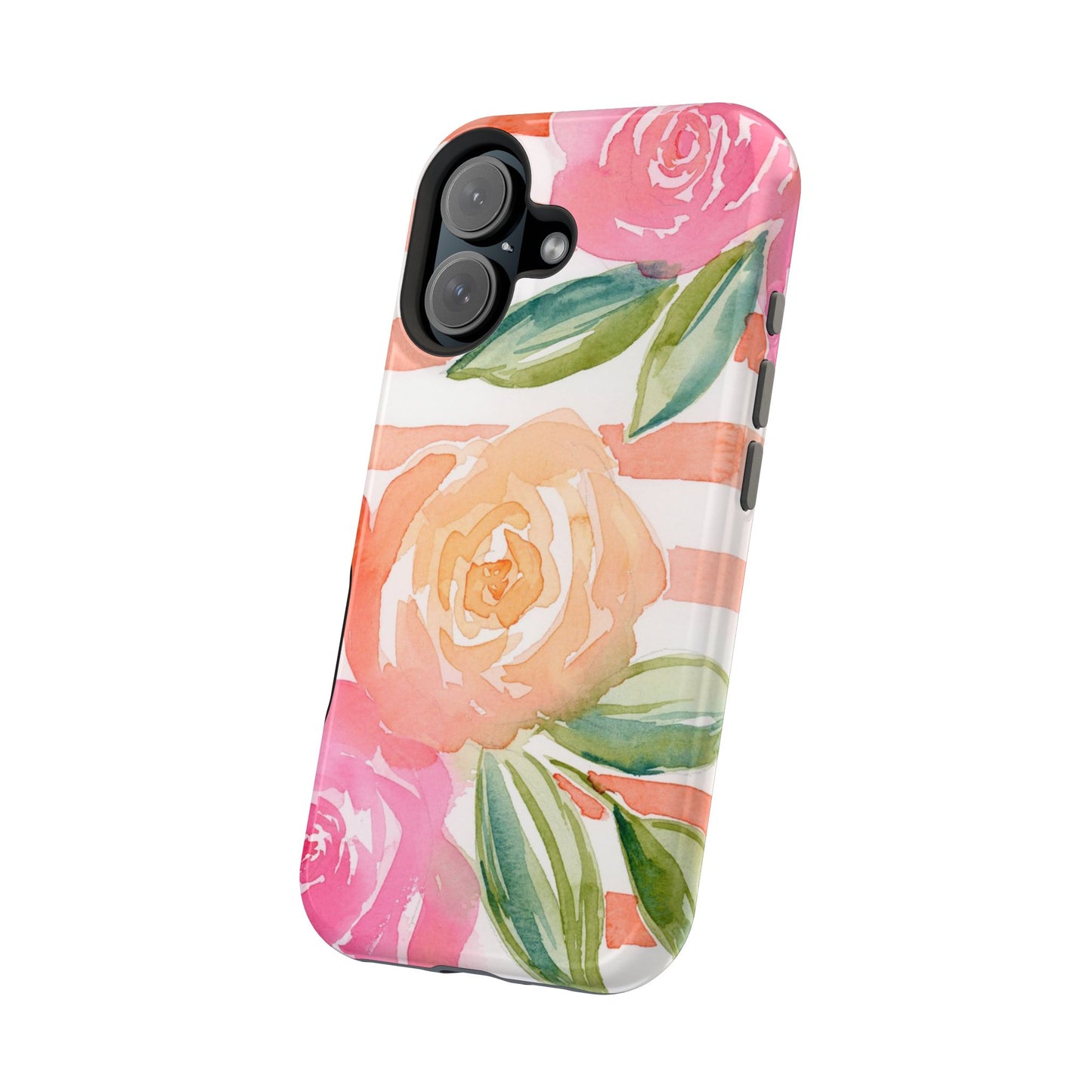 Peachy Keen Magnetic Phone Case, Peach Floral Striped Phone Case, Watercolor Painted Tough Cases