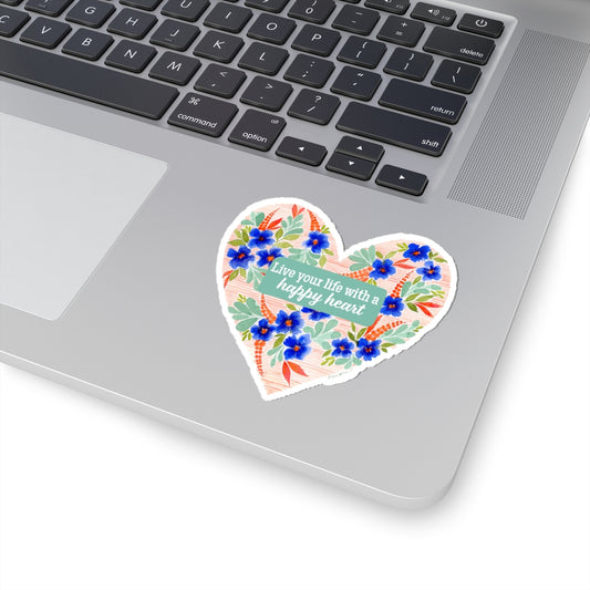 Watercolor Floral Heart Sticker, 'Live your life with a happy heart'