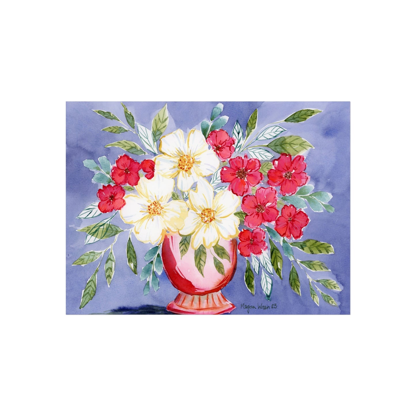Colorful Bloom Print, White Blooms Watercolor Fine Art Print, Cranberry Color, with Big White Blooms Print