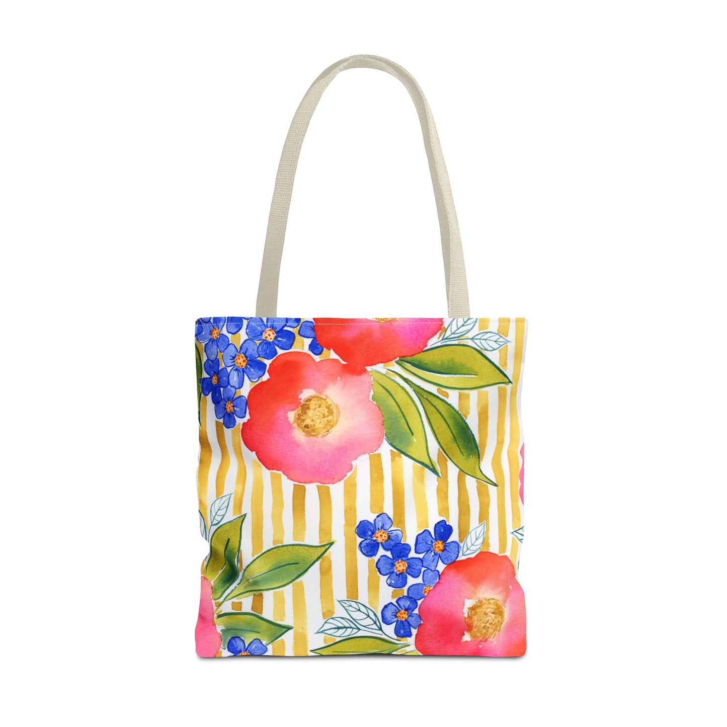 Golden Meadow Floral Striped Tote Bag, Petals & Pinstripe Collection, Golden Yellow Stripe with Pink Flowers Tote Bag