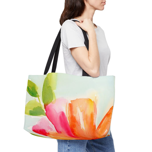 Colorful Floral Weekender Tote Bag - Large Watercolor Painted Tote, Great Gift for Mom, Teachers, Graduation - Travel Tote, Collage Bag,