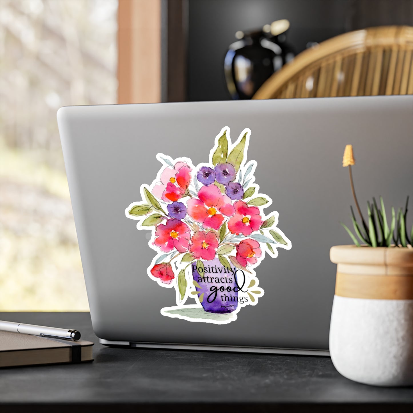 Pink Floral Watercolor Sticker 'Positivity Attracts Good Things'