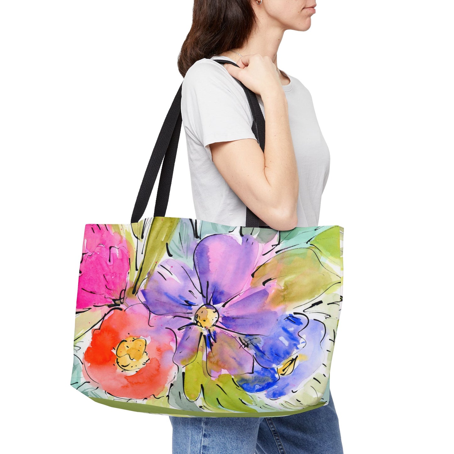 Big Bloom Weekender - Loose Floral Colorful Tote Bag - Large Watercolor Painted Tote, Travel Tote