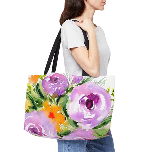 Purple Floral Weekender Tote Bag - Large Flower Watercolor Tote, Great Gift for Mom, Teachers, Graduation - Travel Tote, Collage Bag,