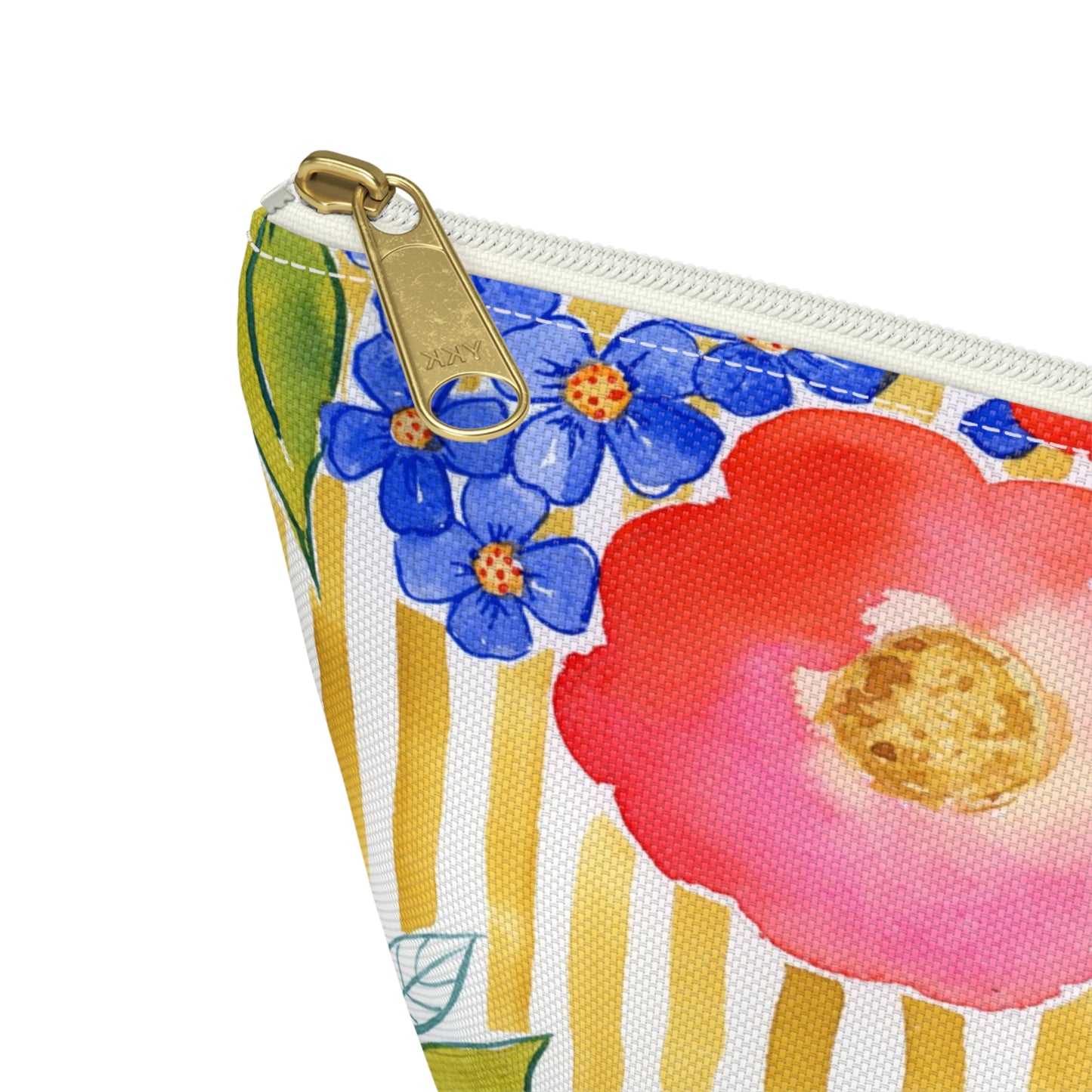 Golden Meadow Zip Pouch, Gold Striped Floral Fun Accessory Pouch w T-Bottom, Petals & Pinstripes