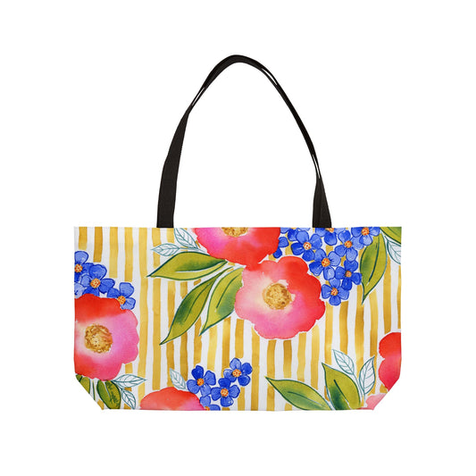 Golden Meadow Weekender Tote, Gold Striped Floral Bloom Watercolor Weekender Tote Bag
