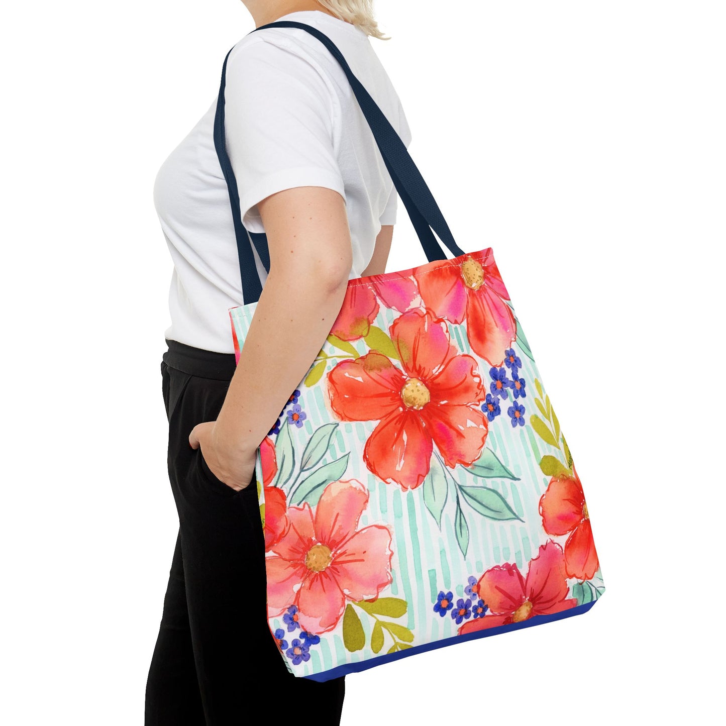 Citrus Splash Floral Striped Tote Bag, Petals & Pinstripe Collection, Orange and Aqua Floral Bag