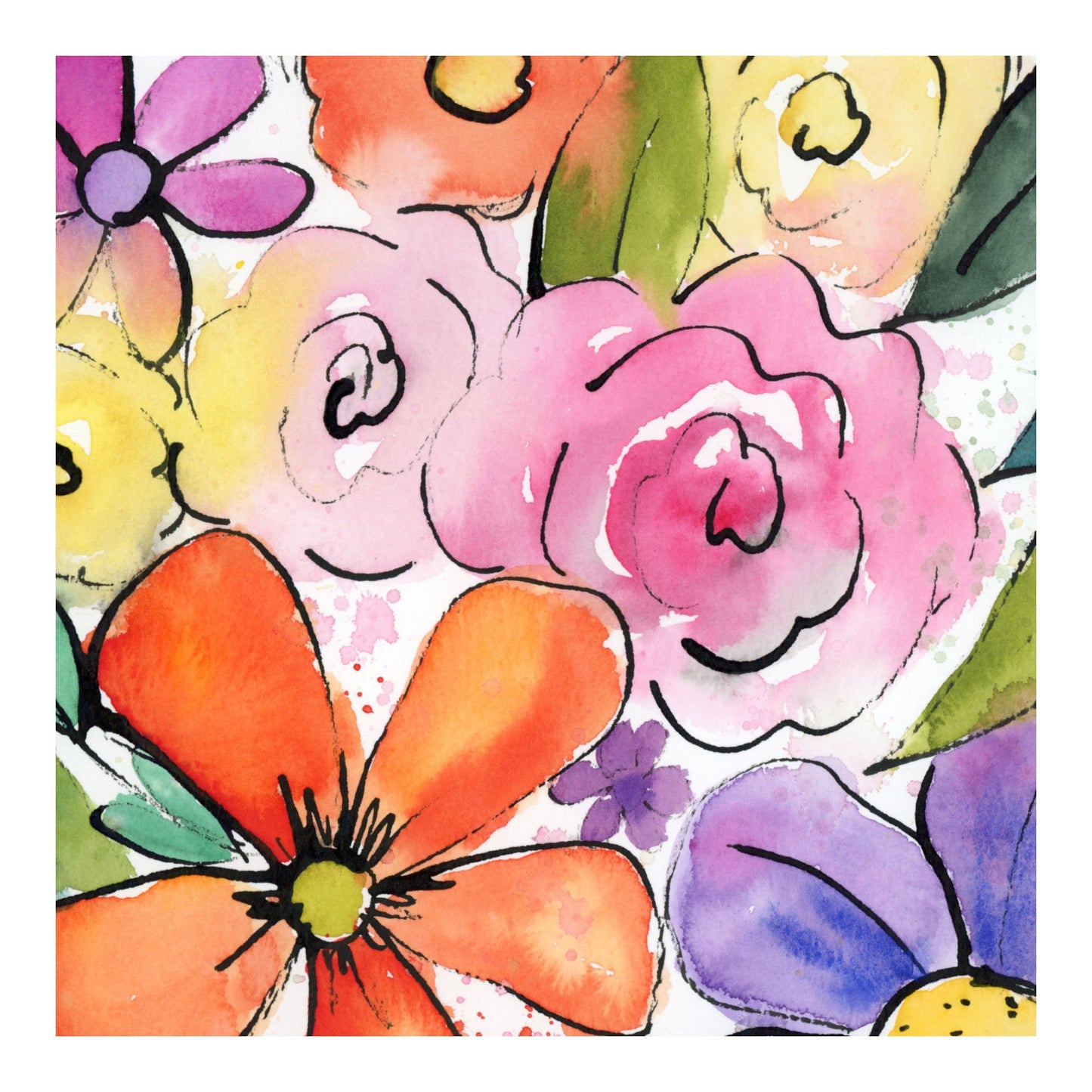Color-burst Garden, 1 of 2, Original Watercolor Abstract Floral Painting, 11"x15"