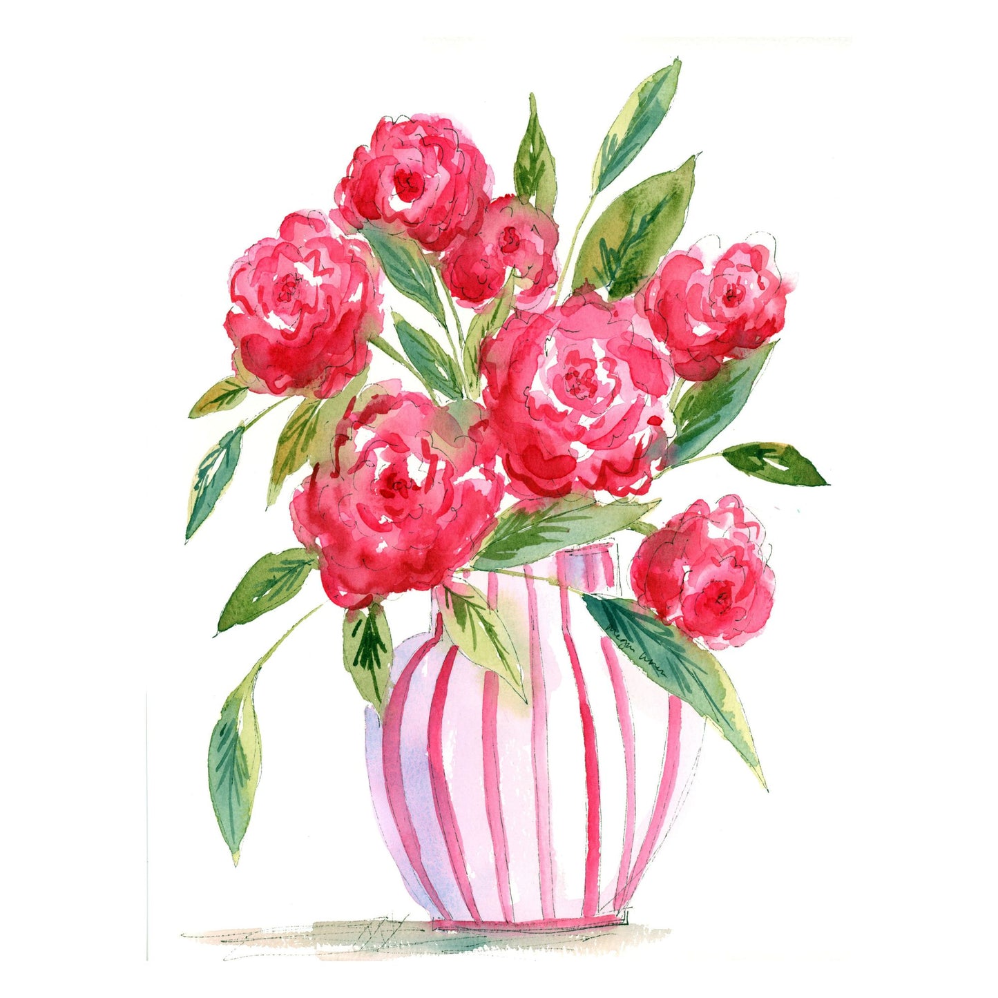 Rosy Stripe Delight - Original Watercolor Floral Painting, 9"x12"