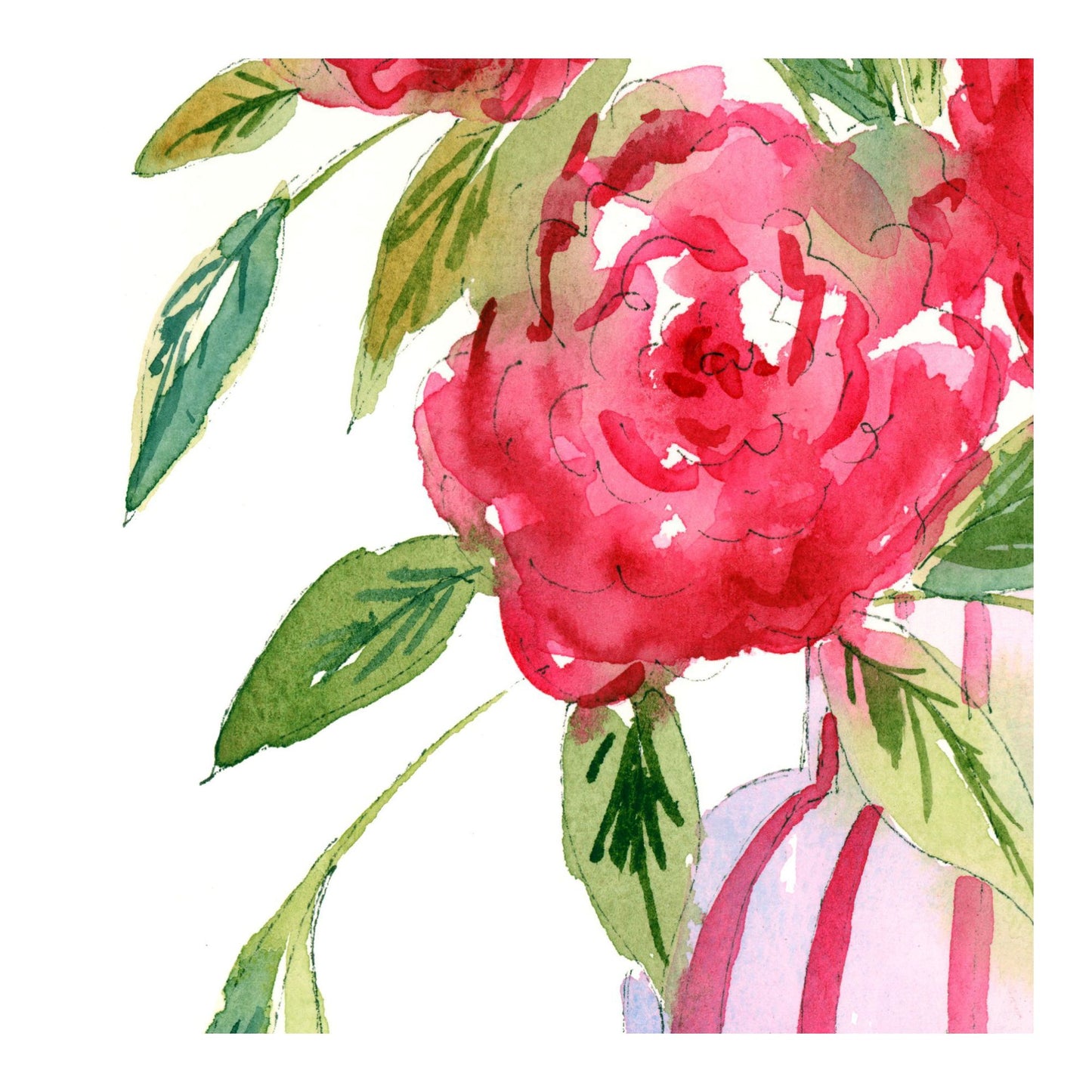 Rosy Stripe Delight - Original Watercolor Floral Painting, 9"x12"