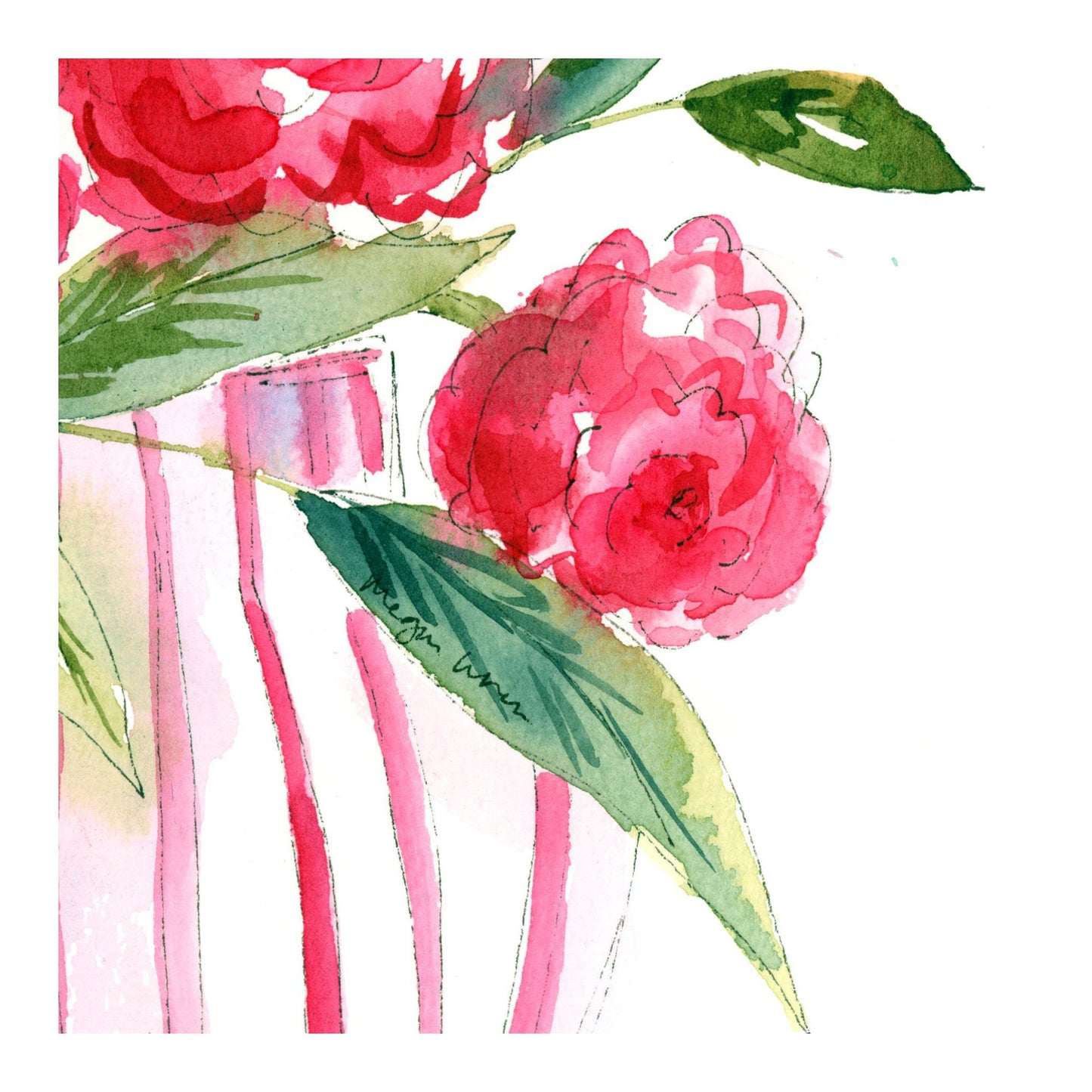 Rosy Stripe Delight - Original Watercolor Floral Painting, 9"x12"