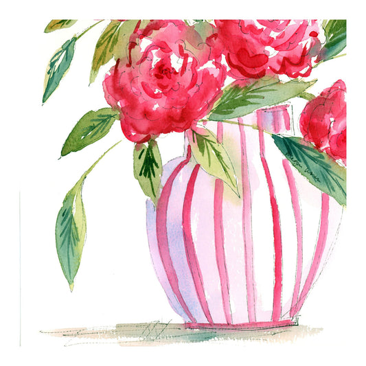 Rosy Stripe Delight - Original Watercolor Floral Painting, 9"x12"