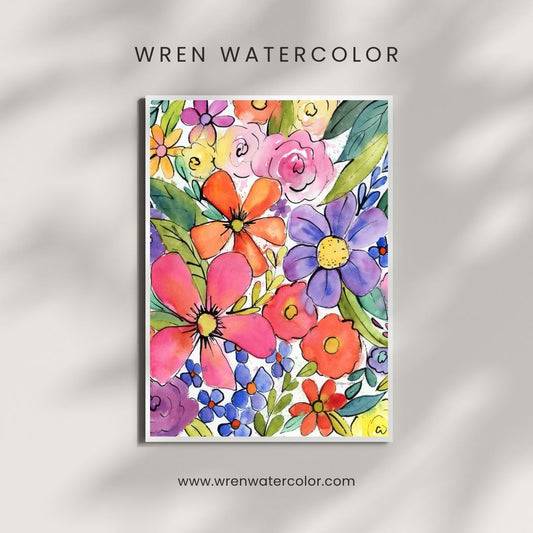 Color-burst Garden, 1 of 2, Original Watercolor Abstract Floral Painting, 11"x15"