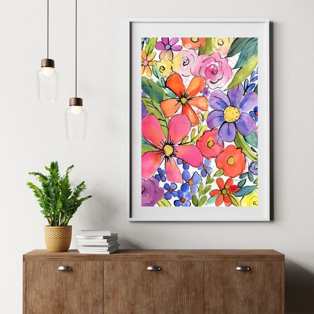 Color-burst Garden, 1 of 2, Original Watercolor Abstract Floral Painting, 11"x15"