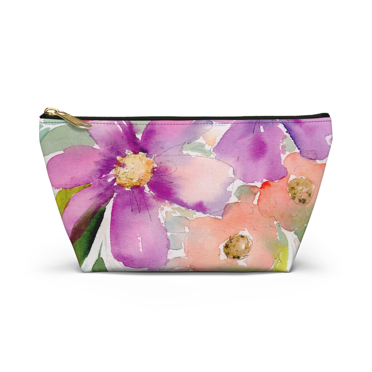 Purple & Peach Flower Zipper Bag, Watercolor Accessory Pouch w T-bottom, Small Zipper Bag for Organization, Makeup Case, School Supplies