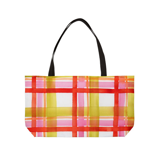 Bright Plaid Weekender Tote Bag - Large Watercolor Painted Tote, Great Gift for Mom, Teachers, Graduation - Travel Tote, Collage Bag,