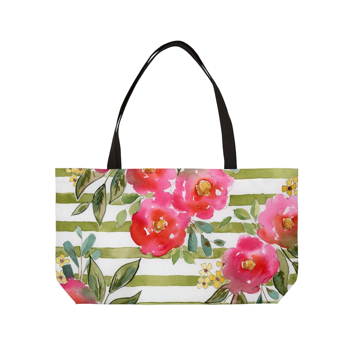 Sweet Pea Weekender Tote Bag, Pink & Green Striped Floral Bloom Weekender Tote