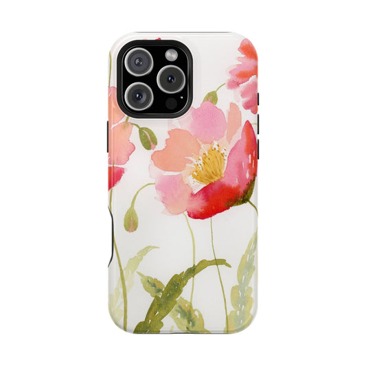 Magnetic Poppy Flower Phone Case, Watercolor Painted Tough Cases
