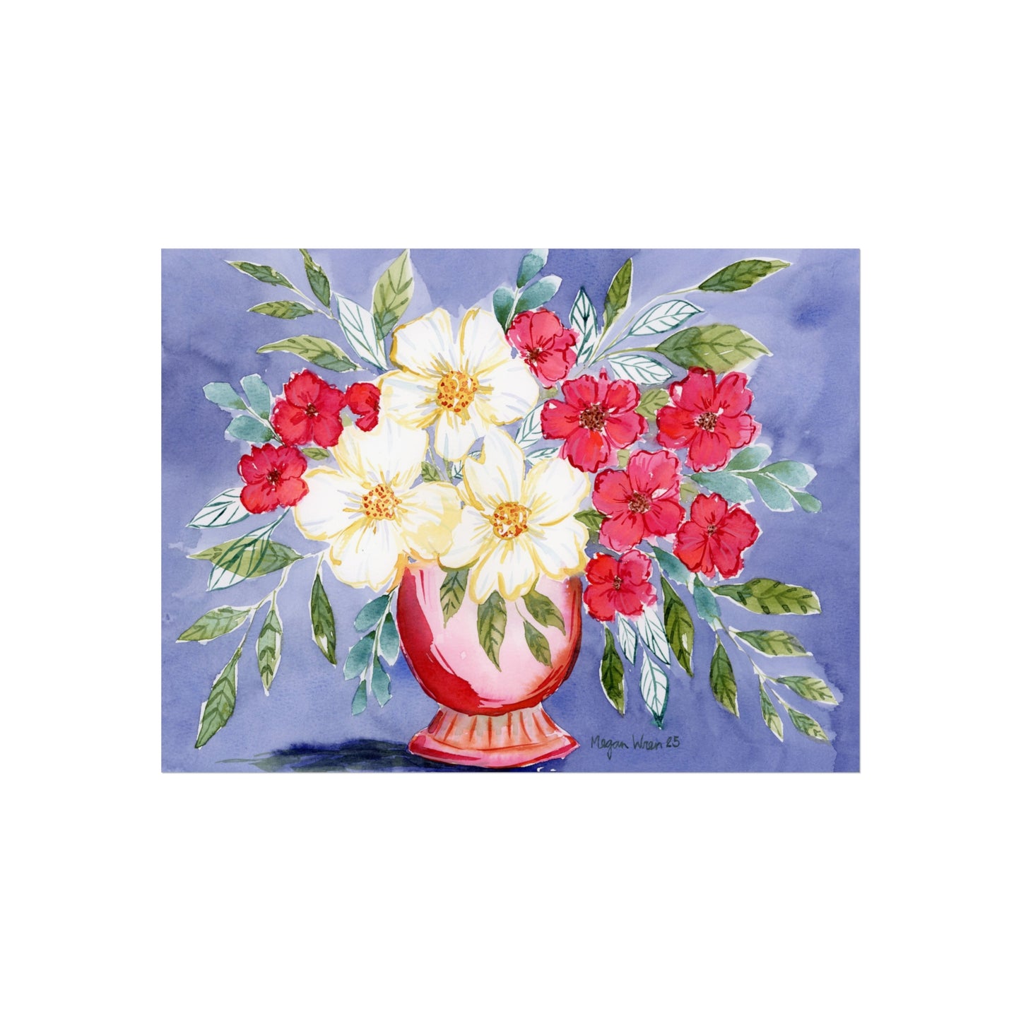 Colorful Bloom Print, White Blooms Watercolor Fine Art Print, Cranberry Color, with Big White Blooms Print