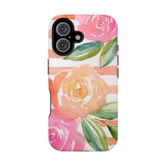 Peachy Keen Magnetic Phone Case, Peach Floral Striped Phone Case, Watercolor Painted Tough Cases