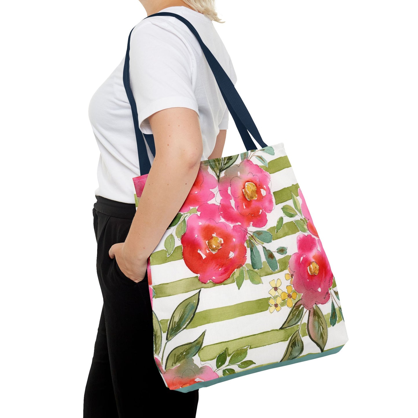 Sweet Pea Floral Striped Tote Bag, Petals & Pinstripe Collection, Pink & Green Floral Bag
