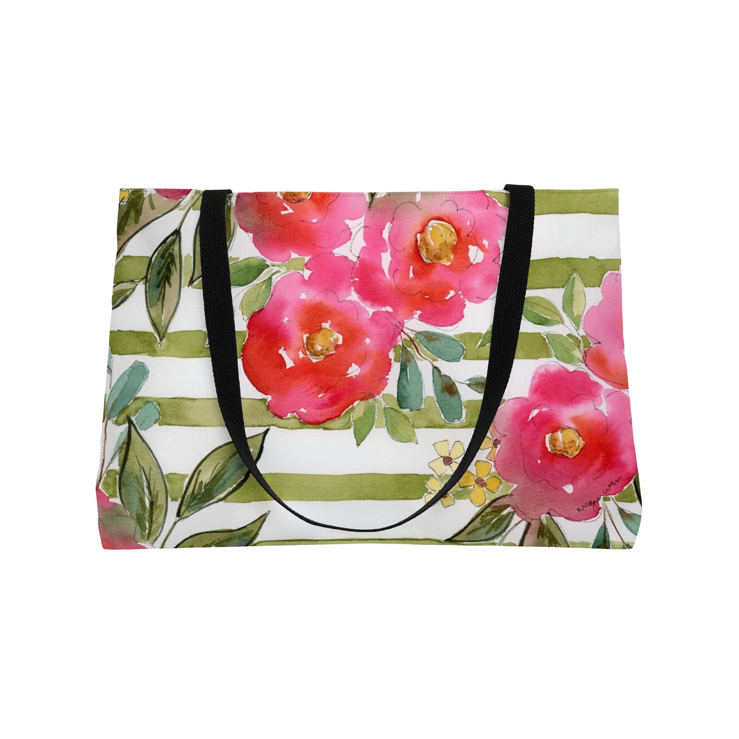 Sweet Pea Weekender Tote Bag, Pink & Green Striped Floral Bloom Weekender Tote