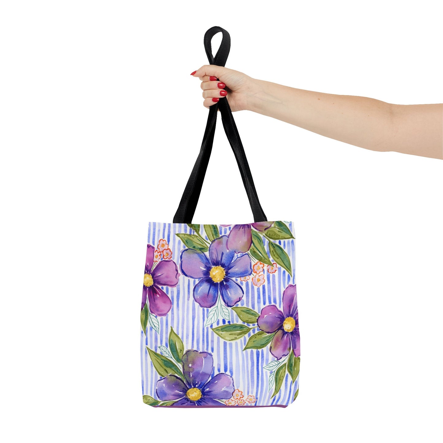 Lavender Lane Floral Striped Tote Bag, Petals & Pinstripe Collection, Lavender, Purple, Blue and Violet Hues Floral Bag