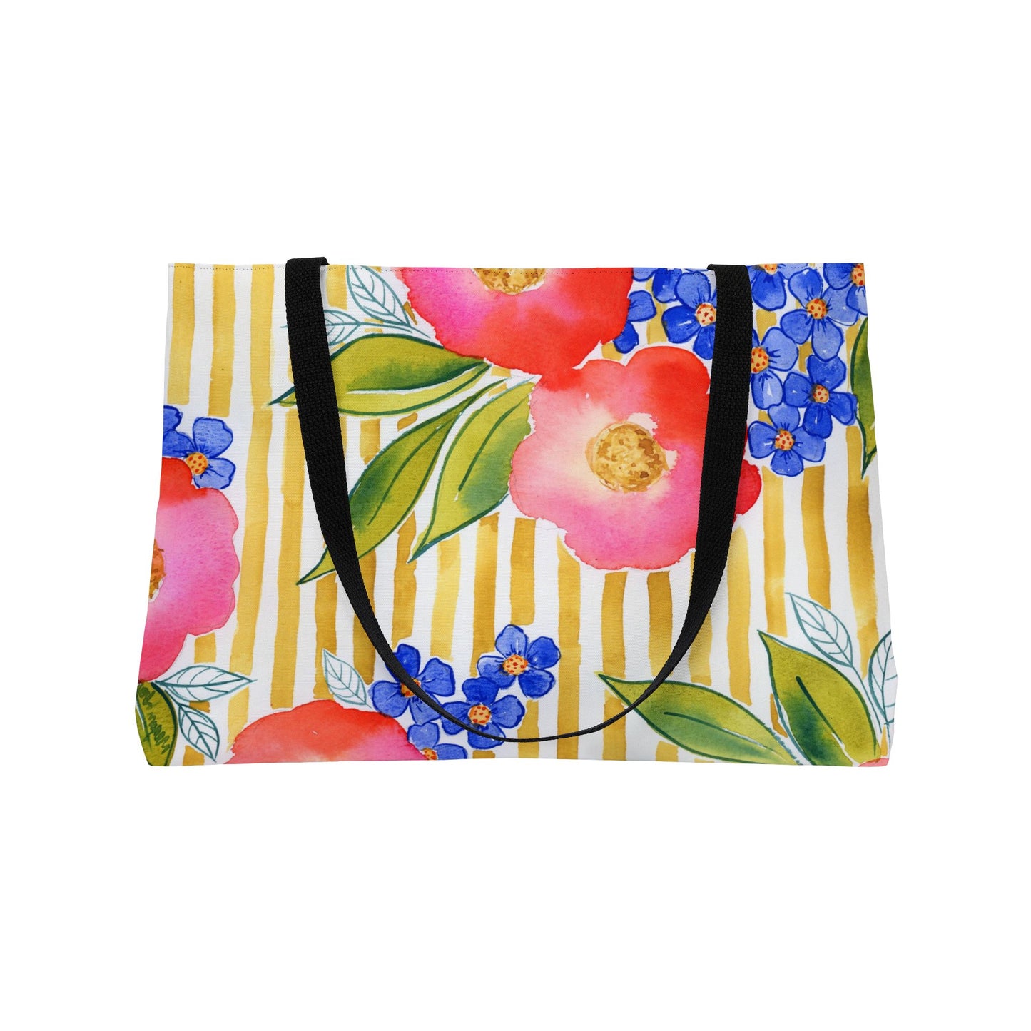 Golden Meadow Weekender Tote, Gold Striped Floral Bloom Watercolor Weekender Tote Bag