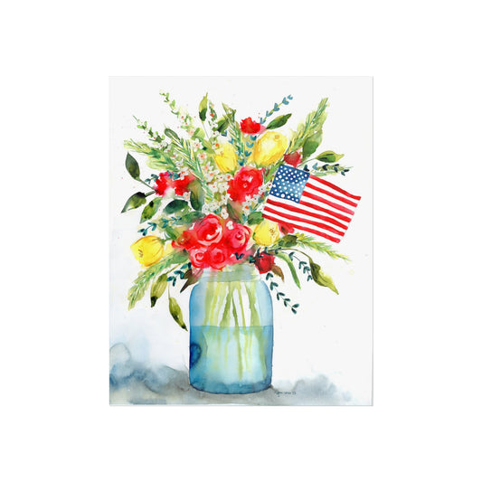 American Floral Watercolor Print, Patriotic Watercolor Print, Original Art Print, Red, White, and Blue Watercolor Flowers, with American Flag, Fine Art Prints