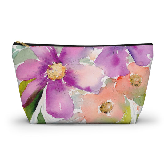Purple & Peach Flower Zipper Bag, Watercolor Accessory Pouch w T-bottom, Small Zipper Bag for Organization, Makeup Case, School Supplies