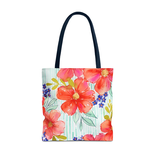 Citrus Splash Floral Striped Tote Bag, Petals & Pinstripe Collection, Orange and Aqua Floral Bag