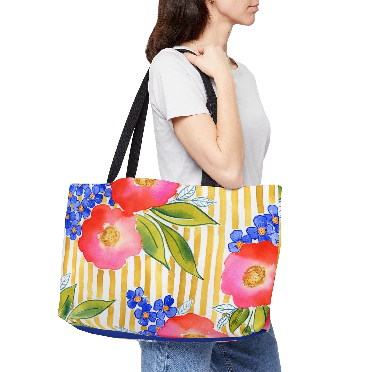 Golden Meadow Weekender Tote, Gold Striped Floral Bloom Watercolor Weekender Tote Bag