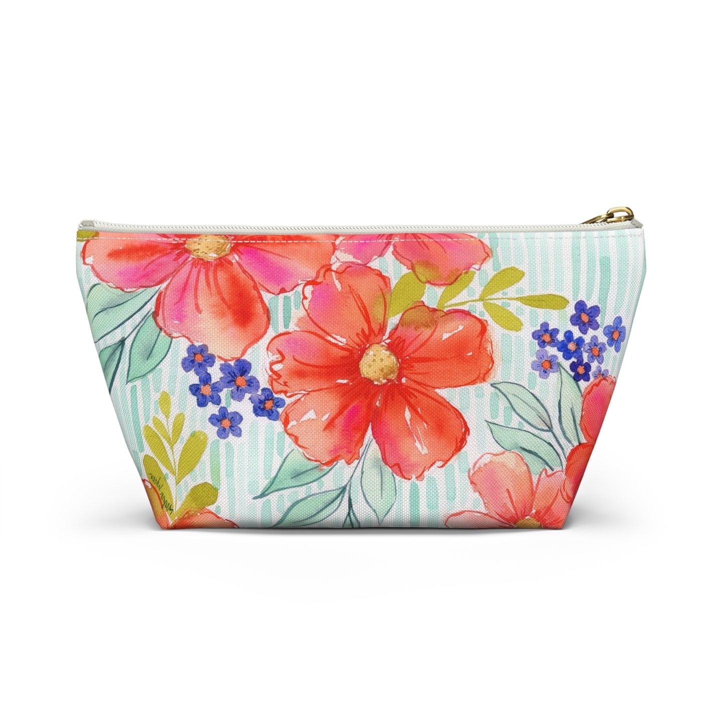 Citrus Splash Zip Pouch, Aqua Striped Orange Floral Organizer