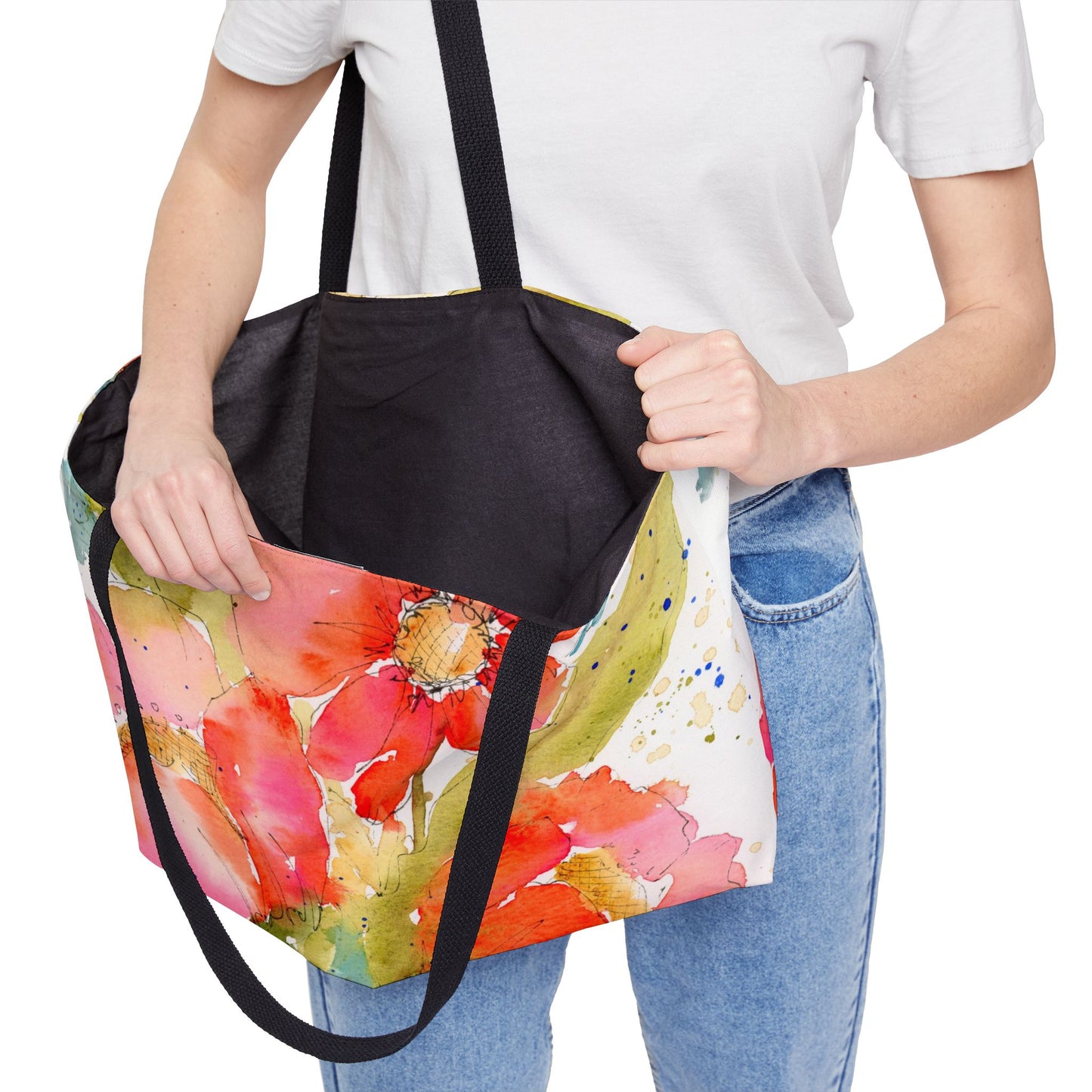 Red Bold Floral Weekender Tote Bag - Large Watercolor Painted Tote, Great Gift for Mom, Teachers, Graduation - Travel Tote, Collage Bag,