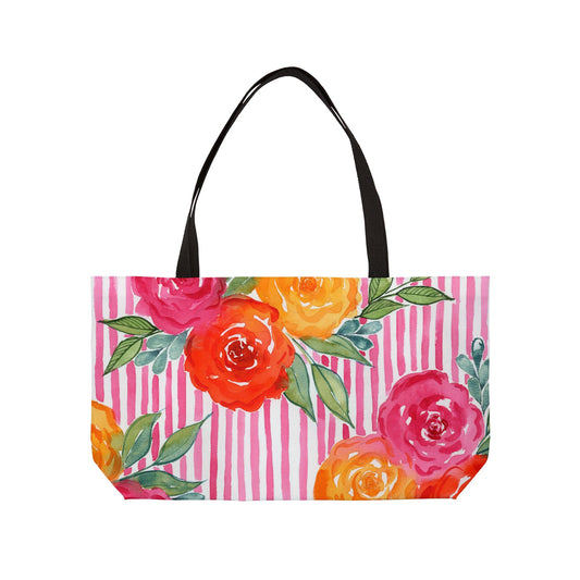 Pink Queen Weekender Tote Bag, Hot Pink Striped Floral Bloom Weekender Tote