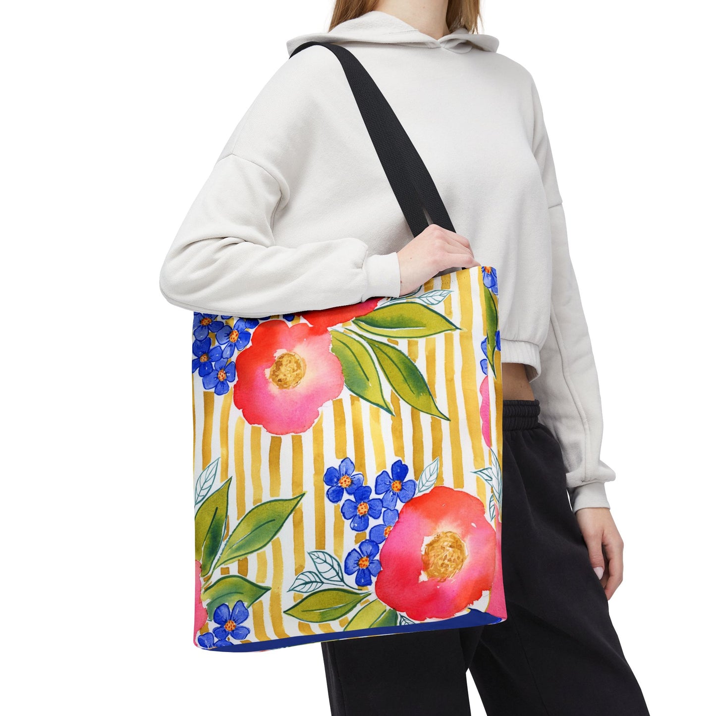 Golden Meadow Floral Striped Tote Bag, Petals & Pinstripe Collection, Golden Yellow Stripe with Pink Flowers Tote Bag