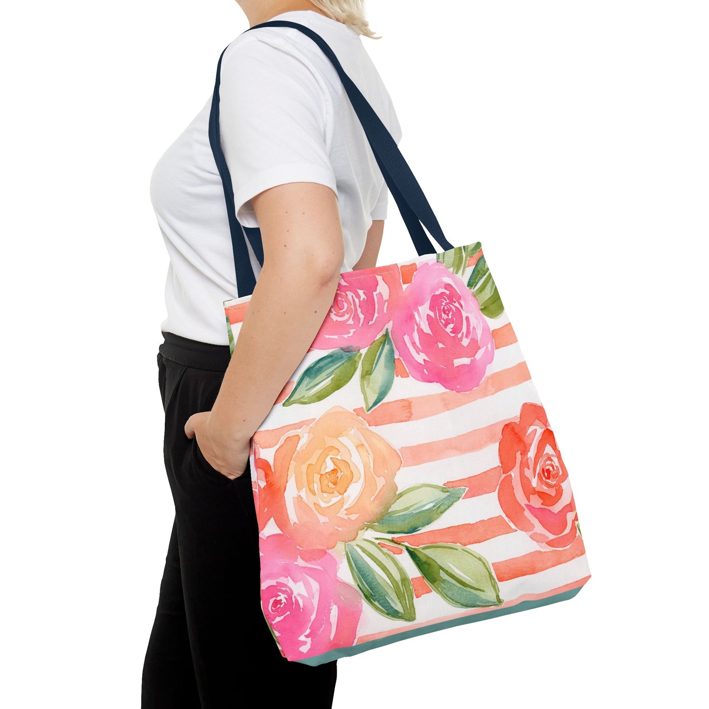 Peachy Keen Floral Striped Tote Bag, Petals & Pinstripe Collection, Peach, Pink, Green Floral Bag