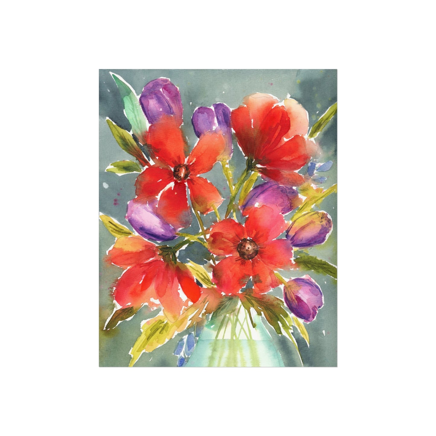 Loose Red Floral Print, Red Floral Watercolor Fine Art Print, Red Flowers with Purple Blooms