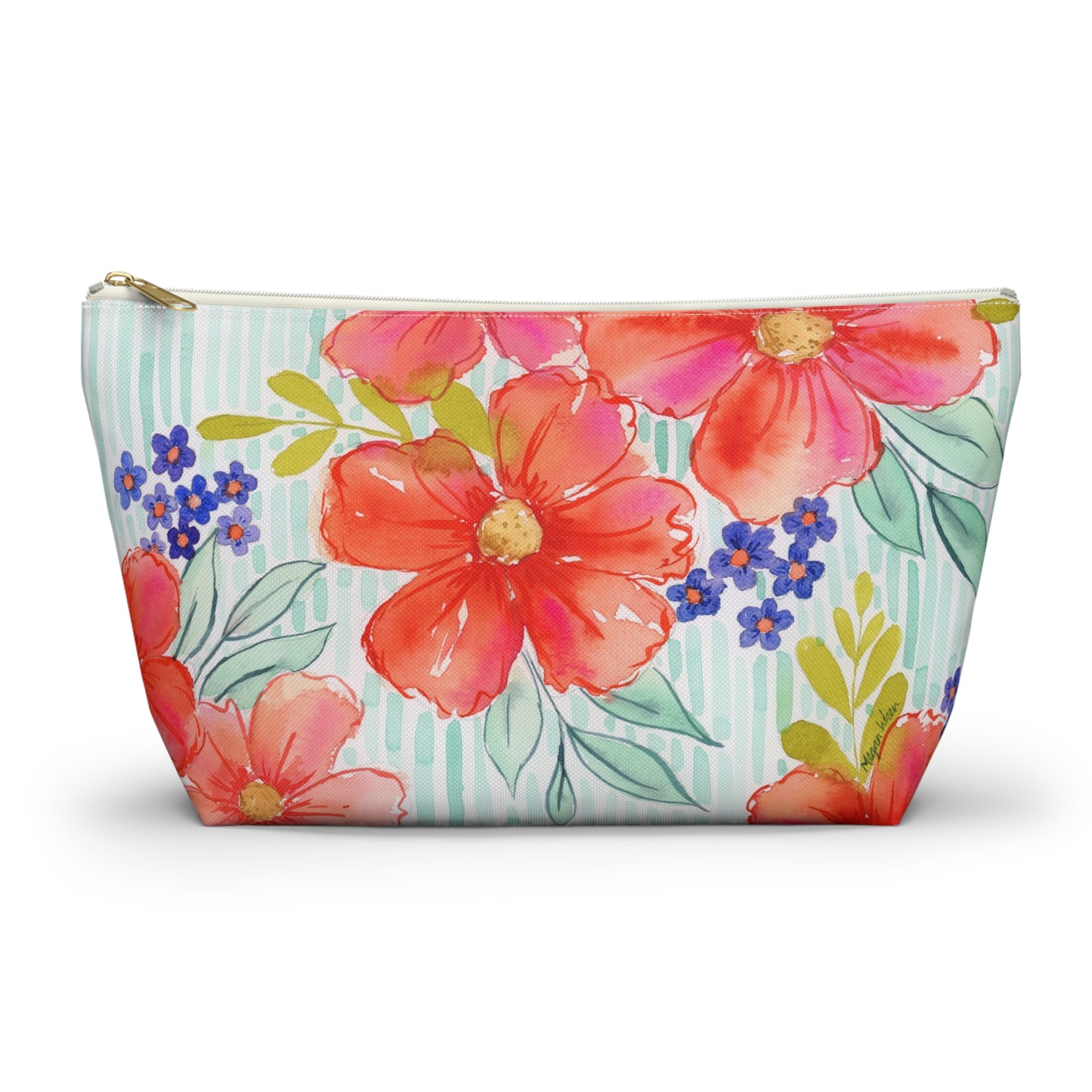Citrus Splash Zip Pouch, Aqua Striped Orange Floral Organizer