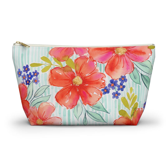 Citrus Splash Zip Pouch, Aqua Striped Orange Floral Organizer